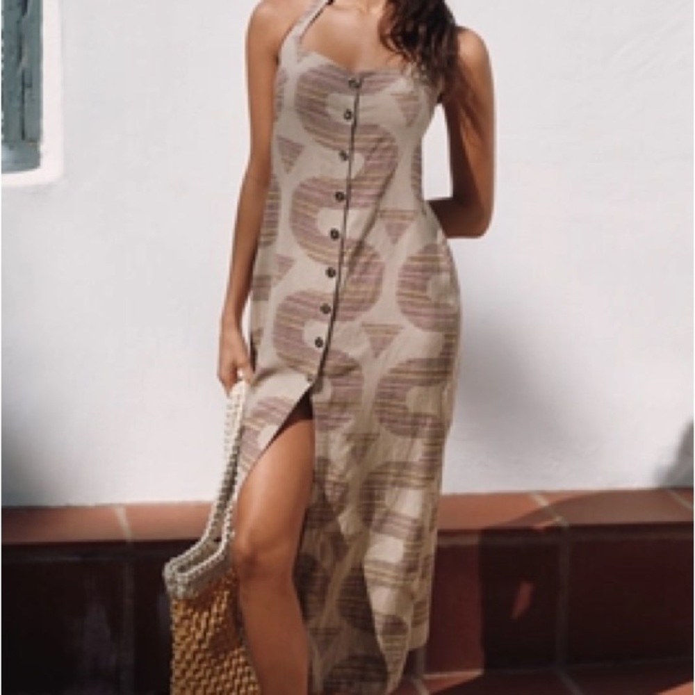 Anthropologie Beige Printed Maxi Dress with Button Front - Size Small